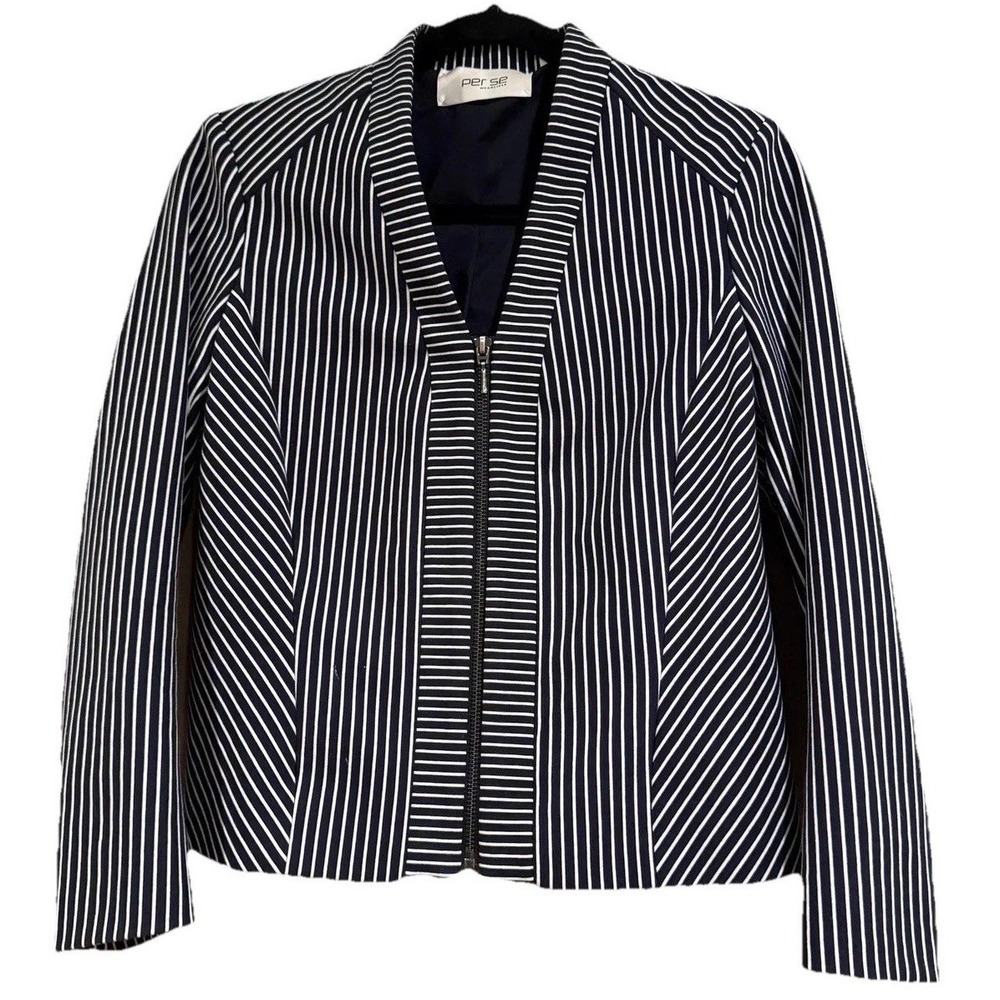 Per Se By Carlisle Jacket Womens 2 Navy White Zip Front Blazer Lined Classic